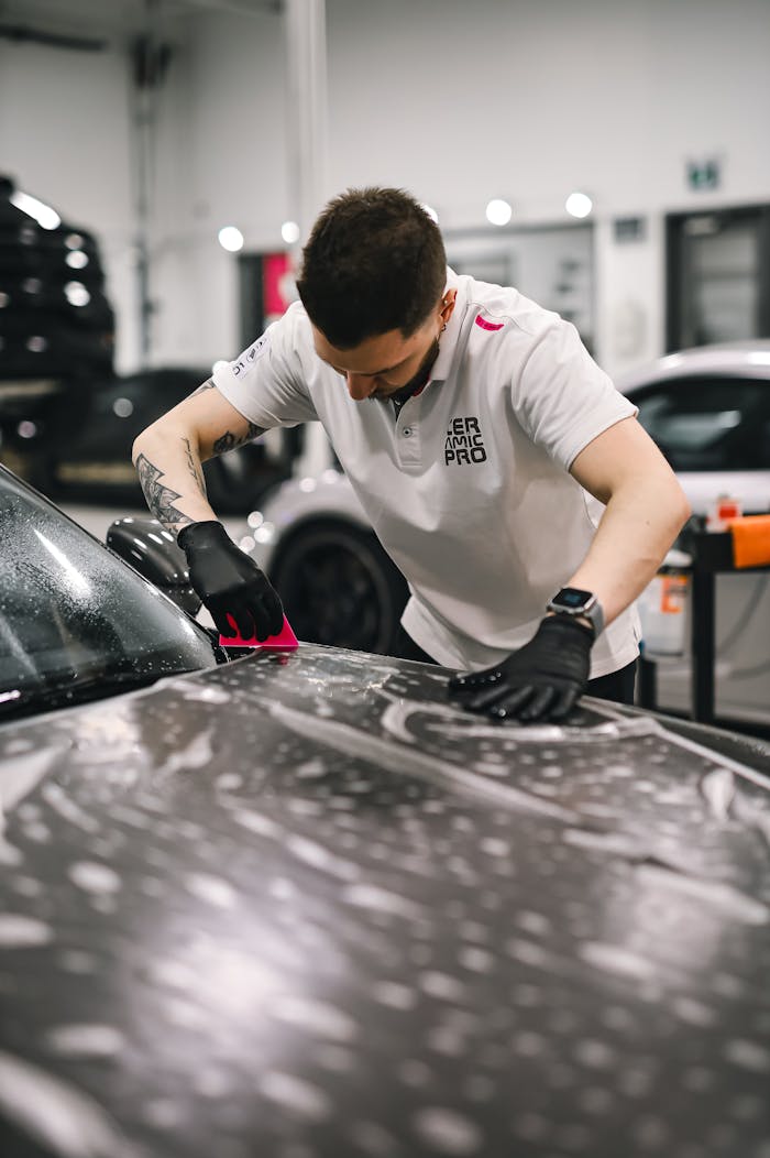 Man meticulously washing car in auto workshop, focusing on detail and quality.